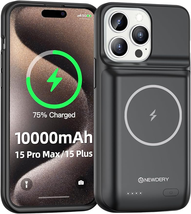 Custodia Batteria per iPhone 15 Pro Max &15 Plus 10000mAh, Custodia di Ricarica Portatile Ricaricabile Custodia Caricabatterie Supportata Wireless Qi e Magnetica per iPhone 15 Pro Max/Plus
